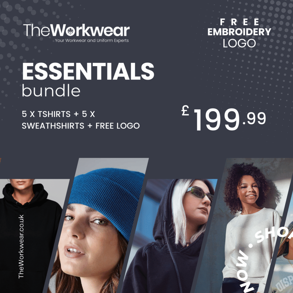 embroidered workwear bundle UK, branded hoodie and beanie pack, essentials uniform set with logo
